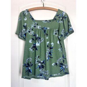 Lucky Brand Green‎ Floral Square Neck Short Sleeve Cotton Modal Top S
